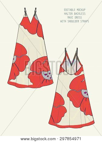 Editable Vector Mockup For Showcasing Fabric Print. Technical Illustration Of Deep V Neck Backless M