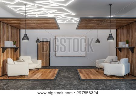Spacious White Office Lounge With Poster