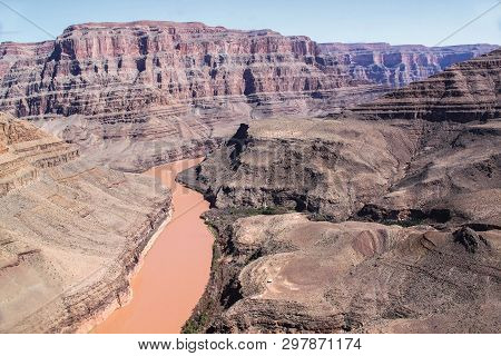 Amazing Beauty View Of Grand Canyon Arizona On Blue Sky Background. Arial View. Helicopter Tour. Bea