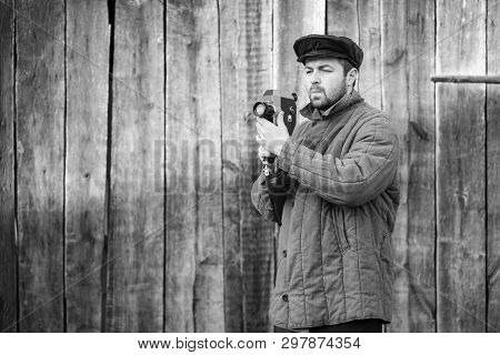 Portrait Of Old-fashioned Man, Monochrome. Idea - Peasant Of 1950s, Retro Style