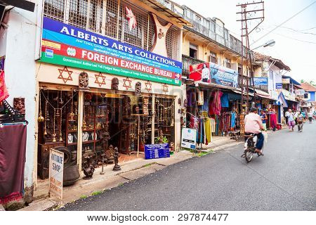 Cochin, India - March 14, 2012: Market Street With Souvenir And Spice Shops In Fort Kochi In Cochin 