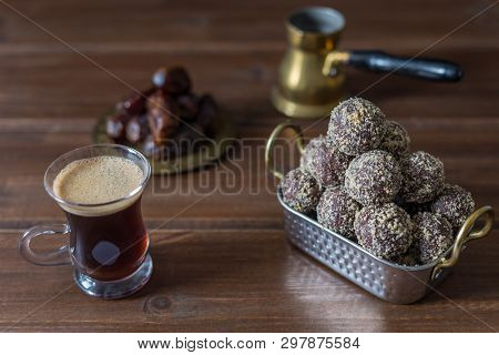 Dates And Oatmeal Energy Balls Or Bites No Cook With Espresso Black Coffee On Wooden Table Healthy F