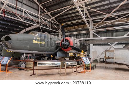 Darwin Australia - February 22, 2019: Australian Aviation Heritage Centre. Cockpit, Motor And Left W