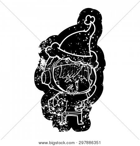 quirky cartoon distressed icon of a happy spacegirl holding moon rock wearing santa hat
