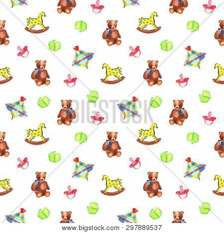 Watercolor Seamless Pattern Of Kid Toys: Bear, Whirligig, Cube, Horse, Pacifier