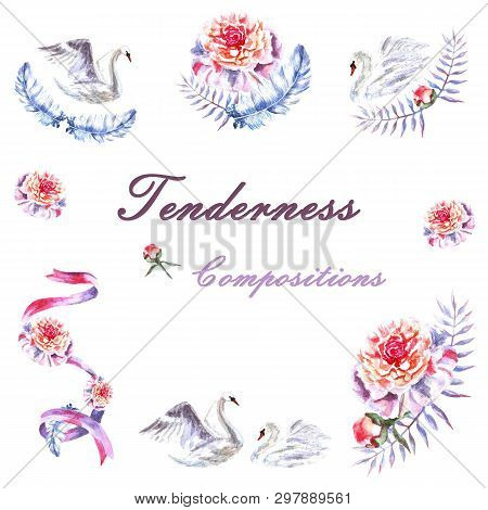 Set Of Hand Painted Watercolor Swans, Peonies, Twig, Ribbon, Feathers. Female Tender Set Perfect For