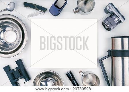 Equipment For Hiking, For Trekking With Copy Space. Top Vire. Traveler Tourism Concept.