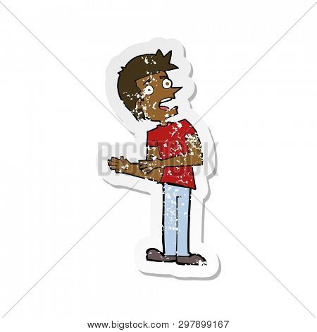 retro distressed sticker of a cartoon man making excuses