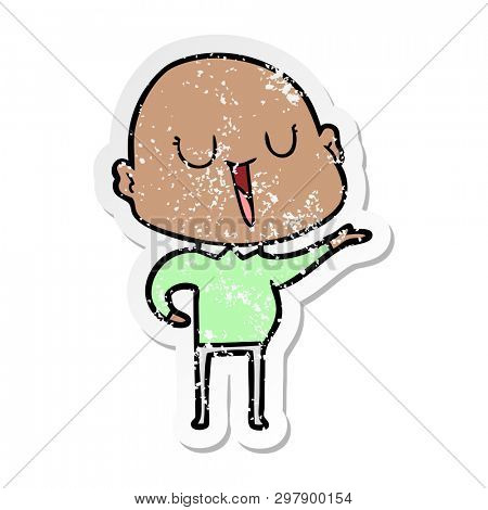 distressed sticker of a happy cartoon bald man