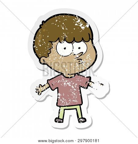 distressed sticker of a cartoon curious boy