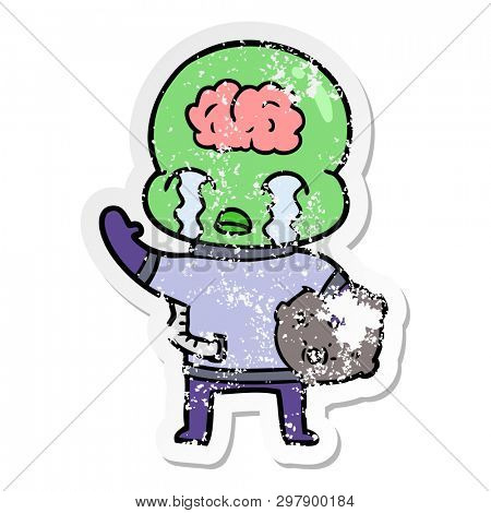 distressed sticker of a cartoon big brain alien crying and waving goodbye
