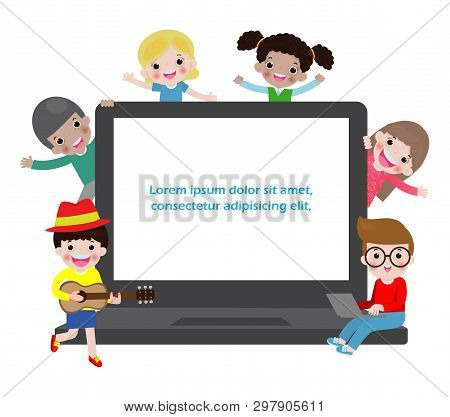 Vector Illustration Of Kid Studying With The Use Of Laptop, Notebook,children Using Laptop