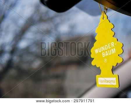 Miercurea Ciuc, Romania- 27 April 2019: Hanging Wunder Baum Air Freshener On Car Interior, Shallow D
