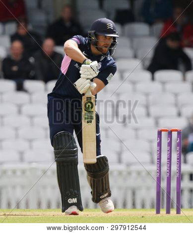 LONDON, ENGLAND. 25 APRIL 2019: Dawid Malan of Middlesex plays a shot  during the Surrey v Middlesex, Royal London One Day Cup match at The Kia Oval. 