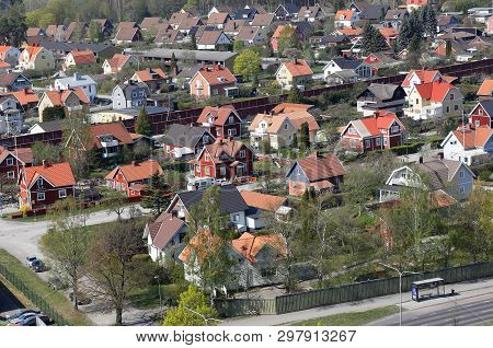 Orebro, Sweden - April 19, 2019: Aerial View Of A Residential Area With Single Family Buildings With