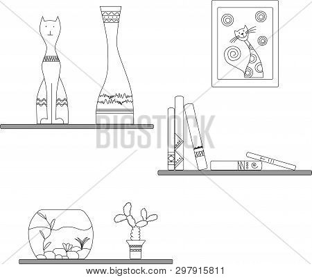 Home Decoration Black-and-white Execution. Shelf, Books, Figurine, Cat, Moneybox, Aquarium, Flower, 