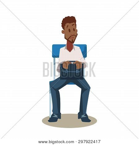 Black Man Employee On Chair Wait For Job Interview. Vacancy. Male Candidate For Employment Sit With 