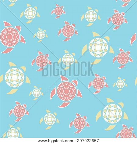 Pattern Of Stylized Turtles. The Colors Of The Sea And The Beach. Blue, Yellow, Coral. Colorful Vect