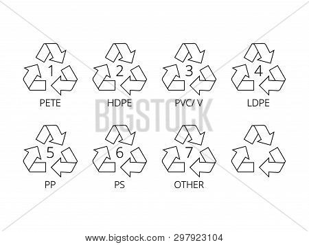 Recycling Symbols For Plastic. Flat Icons, Signs For Design Packaging.