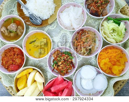 Top View Of Lunch Set With Rice, Northern Chili Paste, Fried Chicken, Mixed Vegetable, Thai Dessert(