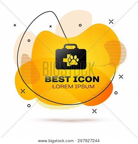 Black Pet First Aid Kit Icon Isolated On White Background. Dog Or Cat Paw Print. Clinic Box. Fluid C