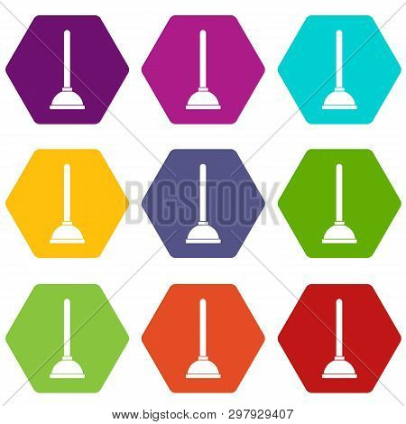 Toilet Plunger Icon Set Many Color Hexahedron Isolated On White Illustration
