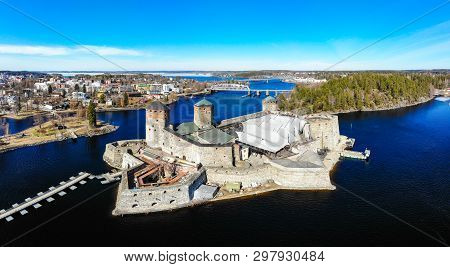 Beautiful Aerial View Of Olavinlinna, Olofsborg Ancient Fortress, The 15th-century Medieval Three - 