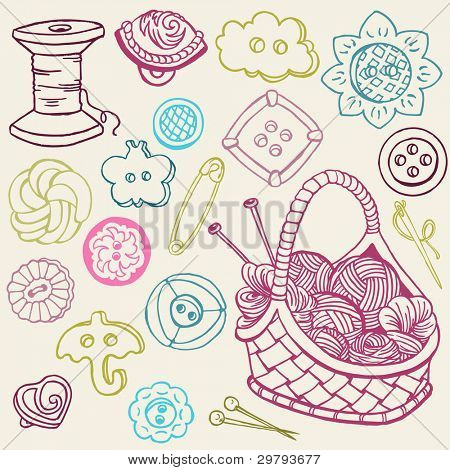 Sewing Kit Doodles - hand drawn design elements in vector