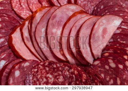 Sliced Smoked And Cooked Smoked Sausages Close-up