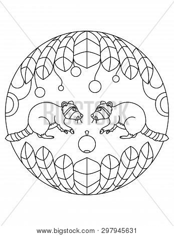 Raccoons Pattern. Illustration Of Raccoons. Mandala With An Animal.  Raccoons In A Circular Frame. C