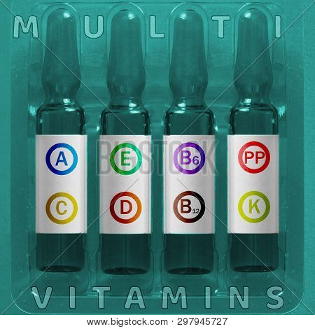 Multivitamins Using Concept. Four Ampules With Overlay Colored Letters Of Inscription A C E D K Pp B