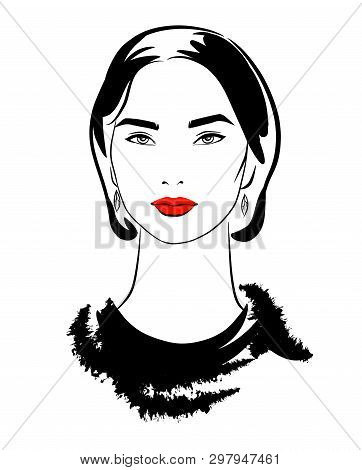 Beauty Portrait Of A Girl With Red Lips, Fur Closes And And Fashion Makeup, Minimalist Black Ink Bru