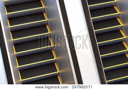 Metal Escalator In Modern Office Or Public Building, Shopping Mall, Airport, Railway Or Metro Subway