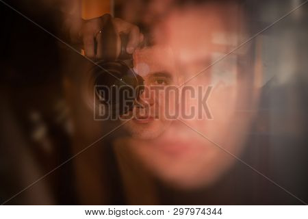 Blurred Photo Young Attractive Caucasian Man Photographer Journalist Reporter Operator Making Selfie