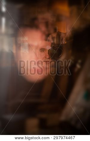Blurred Photo Young Attractive Caucasian Man Photographer Journalist Reporter Operator Making Selfie