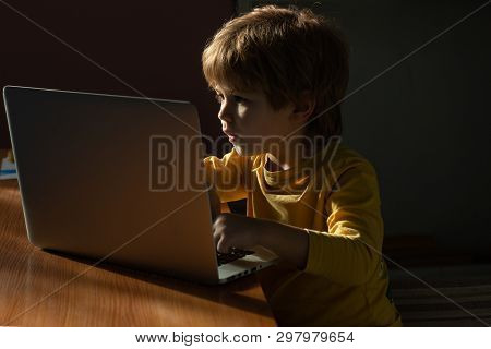 Genius Boy Wonder Hacks System At Cyberspace. Cute Kid Young Programmer. Computer Technology And Chi