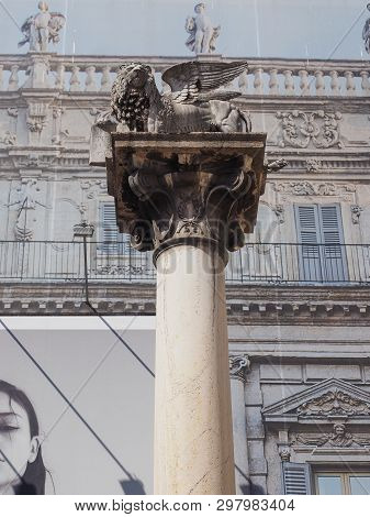 Lion Of Saint Mark Column In Verona