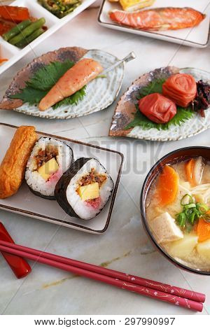 Delicious Japanese Traditional Foods On The Dining Table