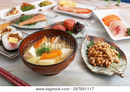 Delicious Japanese Traditional Foods On The Dining Table