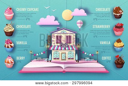 Dessert Cupcake Menu Design. Cut Out Paper Art Style Design. Origami