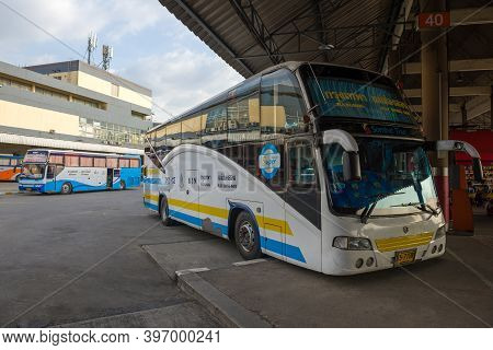 Bangkok, Thailand - January 14, 2018: Intercity Bus At The Platform Of The North Bus Terminal