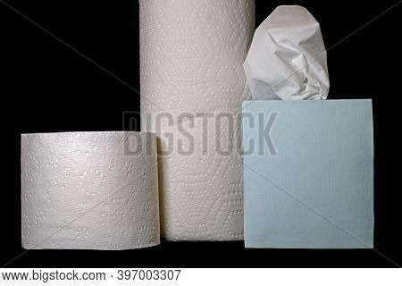 Trifecta Of Pandemic Essential Paper Products Including Toilet Tissue, Nasal Tissue, And Paper Towel