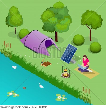 Isometric Turistic Camp Or Campground With Tent And Campfire. The Girl Works On A Laptop, Which Is C