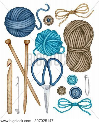 Watercolor Knitting And Crocheting Tools Set. Wooden Knitting Needles, Crochet Hook, Wool Yarn Skein