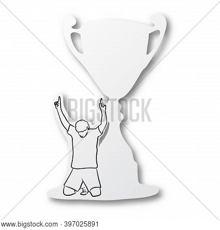 Vector Illustration Black Line Hand Drawn Of Soocer Player Celebration On Trophy Shape Cut Paper Wit