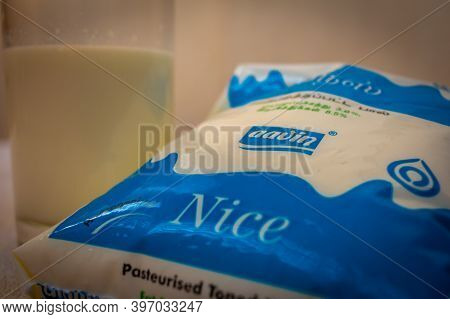 Chennai, Tamil Nadu, India - Nov 28 2020: Aavin Milk Sachet Which Is Common Brand Of Milk Suppliers 