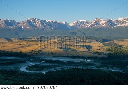 Summer Morning In The Chuy Valley, Snow-capped Peaks Of Mountains, Fog Over The River. Dawn In The M