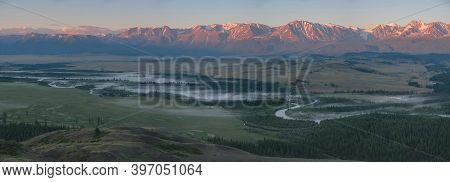 Morning Fog On The River, Chuy Valley In The Summer. Sunrise Over The North Chuysky Ridge. Mountain 