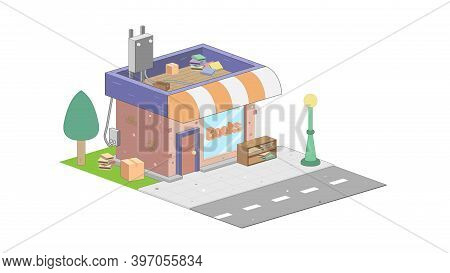Isometric Bookstore On White Background. Modern Bookstore In Isometric Projection.