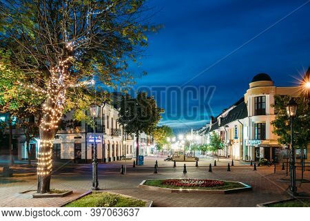 Brest, Belarus - June 6, 2017: Old Architecture On Pedestrian Sovietskaya Street In Evening Night Il